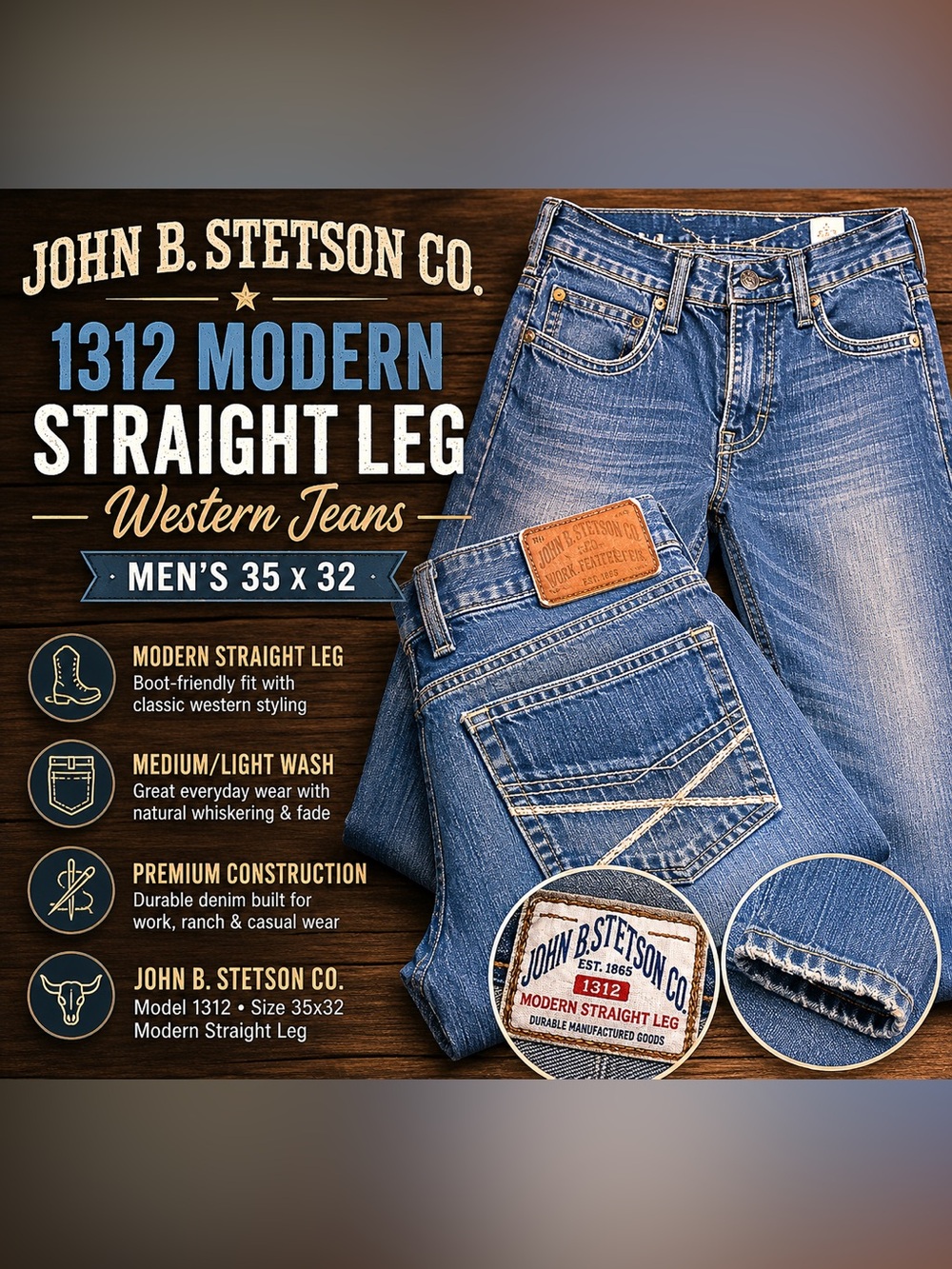 Stetson 1312 Modern Straight Leg Western Jeans Men’s 35x32 Light Wash Boot Cut